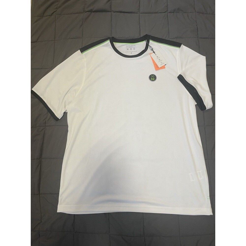 NWT PSYCHO BUNNY Webster Sport Tee Size 9/XXXL White w/ Navy Lime  Striping